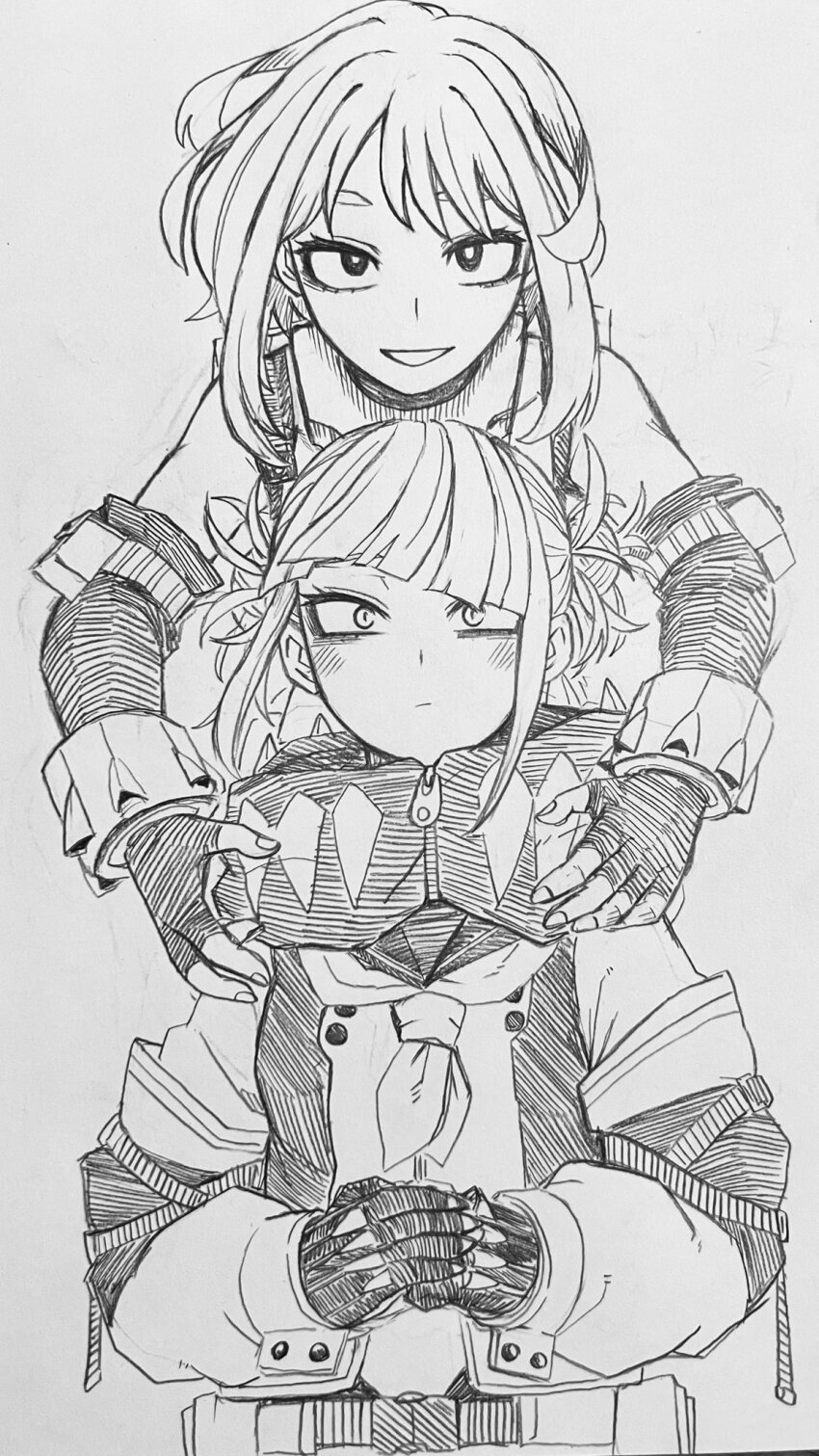 2girls :| alternate_costume alternate_universe blunt_bangs boku_no_hero_academia closed_mouth commentary_request diagonal_bangs double_bun fingerless_gloves gloves hair_bun hands_on_another&#039;s_shoulders high_collar highres lineart looking_at_viewer messy_hair monochrome multiple_girls nagatomo1565 neckerchief parted_lips role_reversal simple_background straight-on toga_himiko upper_body uraraka_ochako white_background zipper zipper_pull_tab