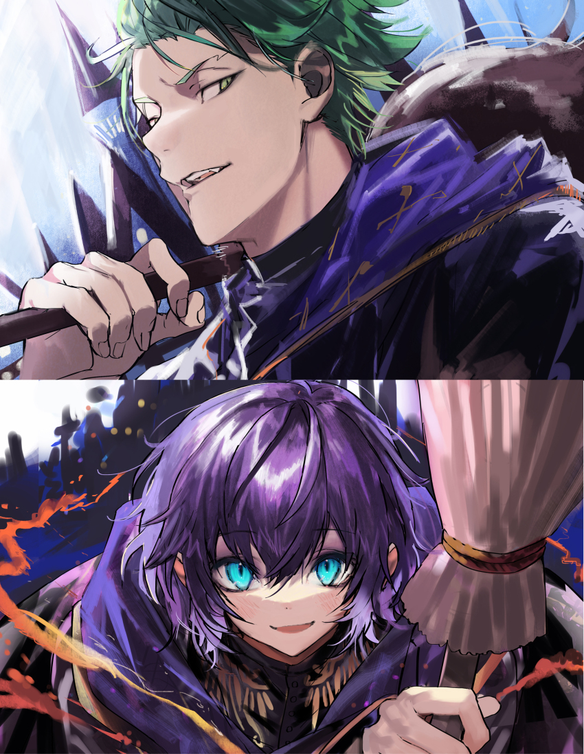 2boys abstract_background absurdres androgynous aqua_eyes black_shirt blush broom castle commentary_request epel_felmier fang fingernails green_eyes green_hair hair_between_eyes highres holding holding_broom hooded_robe looking_at_viewer male_focus multiple_boys nana_tetra open_mouth parted_lips portrait purple_hair purple_robe robe sebek_zigvolt shirt short_hair slit_pupils teeth twisted_wonderland