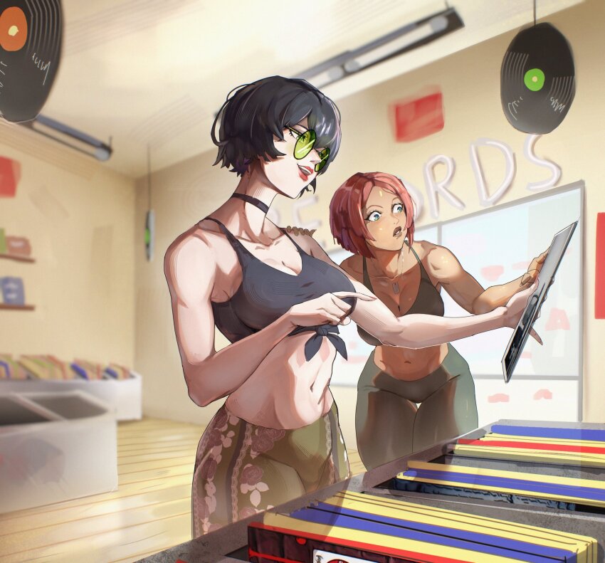 2girls black_hair black_skirt breasts cheymix cleavage dark-skinned_female dark_skin giovanna_(guilty_gear) glasses green-tinted_eyewear green_pants guilty_gear guilty_gear_strive highres i-no indoors large_breasts multiple_girls music_shop pants red_hair red_lips shirt short_hair skirt smile stomach tied_shirt tinted_eyewear vinyl_record