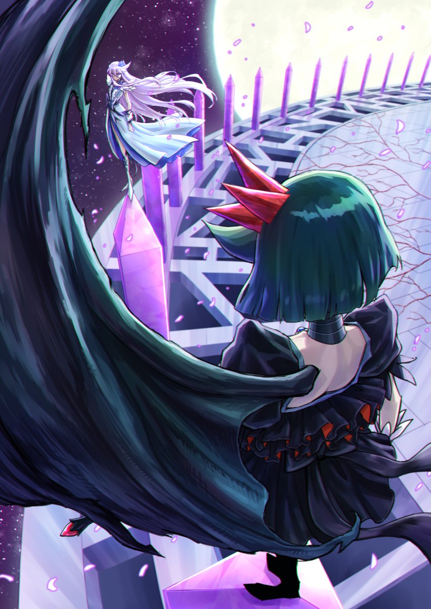 2girls absurdres black_bow black_dress black_hair blue_flower blue_rose blunt_ends bob_cut boots bow closed_mouth cure_moonlight dark_precure demon_wings dress flower frilled_cuffs frilled_sleeves frills frown full_moon hair_between_eyes hair_flower hair_ornament heartcatch_precure! highres itou_shin&#039;ichi knee_boots light_particles long_dress long_hair looking_at_another moon multiple_girls precure purple_eyes purple_hair rose short_dress short_hair side_slit single_wing sky space standing star_(sky) starry_sky tsukikage_yuri very_long_hair white_dress white_footwear wings