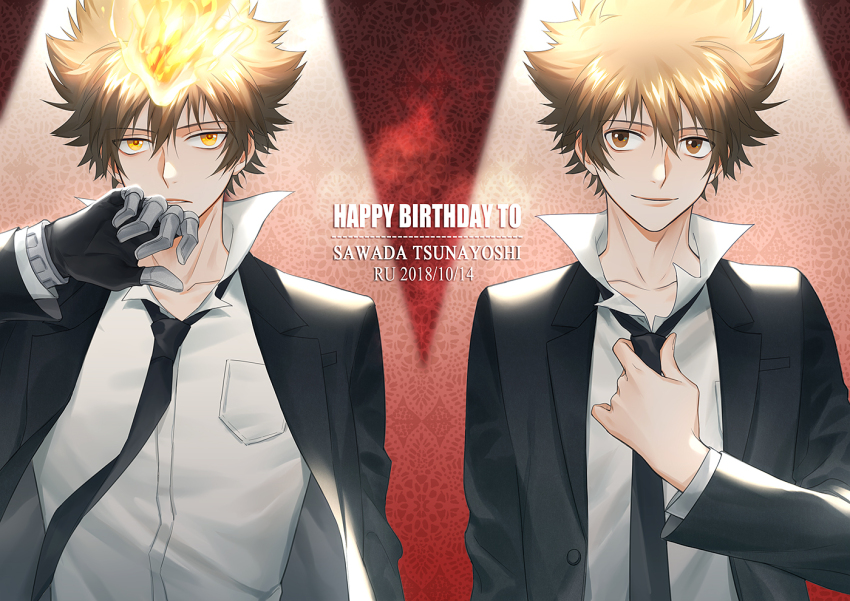 1boy adjusting_clothes black_gloves black_jacket black_necktie brown_eyes brown_hair character_name closed_mouth collared_shirt dated dual_persona fire formal_clothes gloves hair_between_eyes happy_birthday jacket katekyo_hitman_reborn! long_sleeves looking_at_viewer loose_necktie male_focus necktie ru_(famia) sawada_tsunayoshi shirt short_hair smile spiked_hair suit upper_body white_shirt yellow_eyes