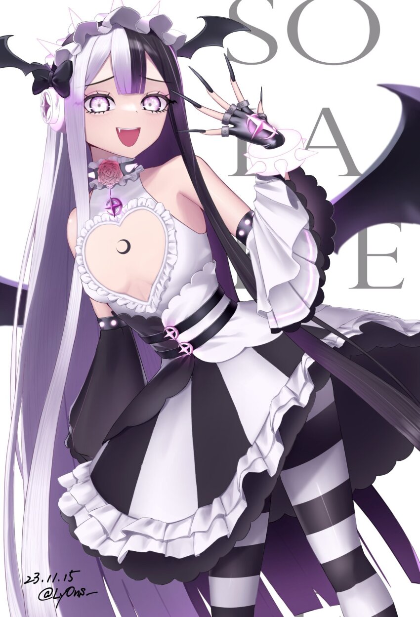 1girl absurdly_long_hair asymmetrical_sleeves beatmania_(series) beatmania_iidx bemani black_choker black_gloves black_hair black_nails black_pantyhose black_skirt black_sleeves bracelet breasts choker cleavage_cutout clothing_cutout commentary crescent_tattoo dated detached_sleeves english_commentary feet_out_of_frame fingerless_gloves fingernails flower frilled_choker frills gloves headphones heart_cutout highres jewelry jirai_kei leaning_forward long_hair looking_at_viewer mismatched_sleeves multicolored_hair open_mouth pantyhose pink_eyes pink_flower pink_rose rose sharp_fingernails shirt skirt sleeveless sleeveless_shirt small_breasts smile solar_eclipse_(bemani) solo spiked_bracelet spikes split-color_hair standing two-tone_pantyhose two-tone_skirt utsuro_(lyons) very_long_fingernails very_long_hair white_background white_hair white_pantyhose white_shirt white_skirt white_sleeves wide_sleeves
