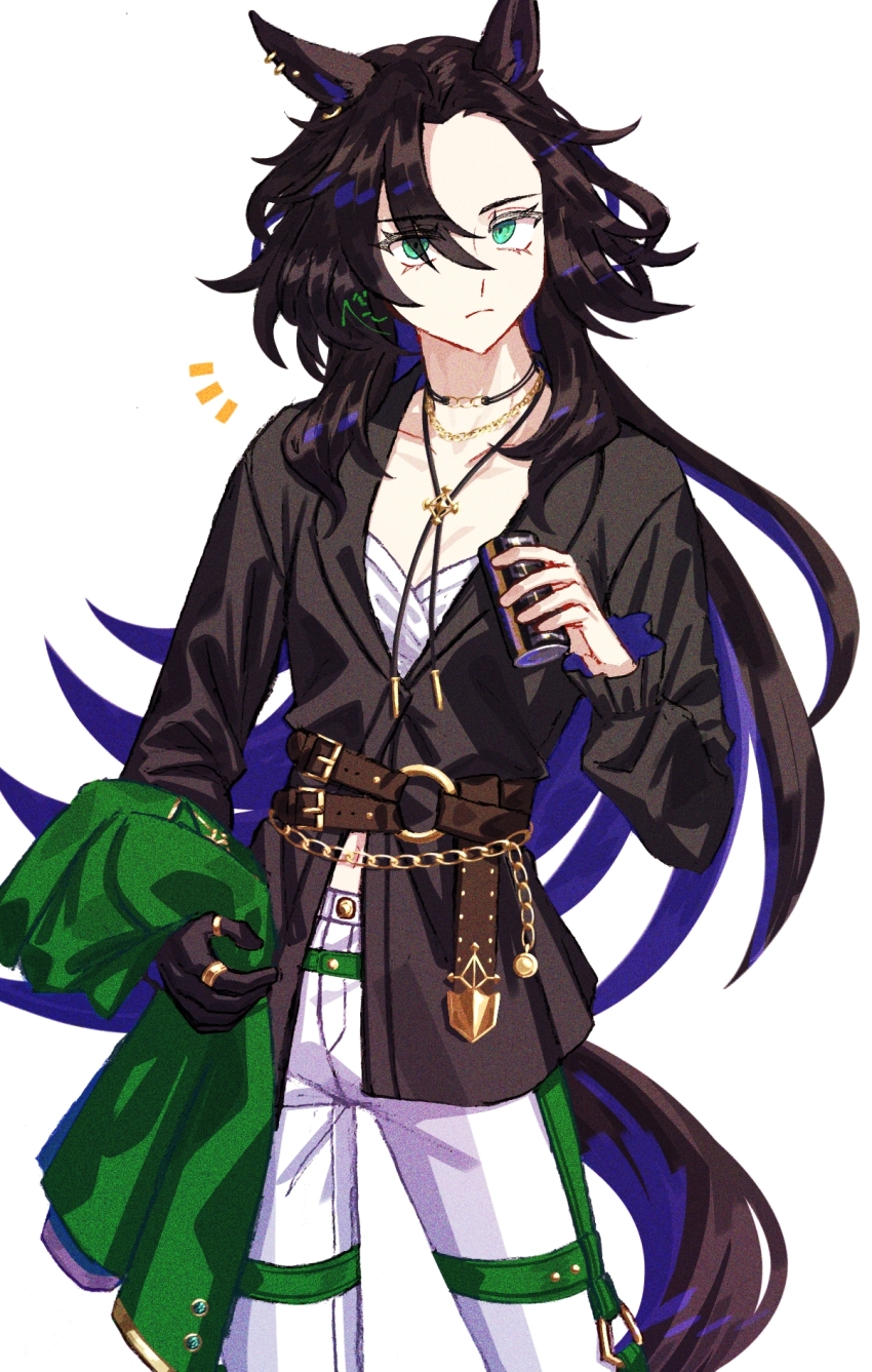 1girl animal_ear_piercing animal_ears belt bolo_tie bow brown_hair can canned_coffee commentary_request drink_can gold_trim green_bow green_eyes hair_between_eyes highres horse_ears horse_girl jacket jagaimobeniko lapel_chain long_hair long_sleeves looking_at_viewer midriff_peek navel notice_lines open_clothes open_jacket outside_border ringed_eyes single_hair_intake solo speed_symboli_(umamusume) umamusume unworn_jacket white_background