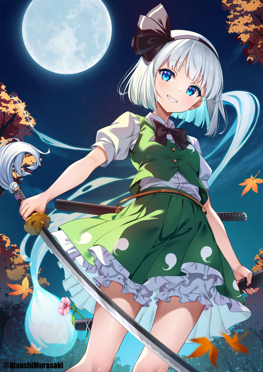 1girl :d autumn_leaves black_hairband bloomers blue_eyes blue_moon blunt_bangs blunt_ends bob_cut breasts collared_shirt commentary_request dot_nose eyebrows_hidden_by_hair eyelashes feet_out_of_frame flower from_below full_moon green_skirt hairband highres hitodama_print holding holding_sheath holding_sword holding_weapon katana konpaku_youmu konpaku_youmu_(ghost) leaf light_blush looking_at_viewer moon murasaki_atsushi night night_sky open_mouth outdoors partial_commentary petticoat pink_flower pleated_skirt puffy_short_sleeves puffy_sleeves sheath shiny_skin shirt shirt_tucked_in short_sleeves skirt skirt_set sky small_breasts smile solo standing star_(sky) starry_sky sword tassel teeth touhou tree twitter_username underwear unsheathed weapon white_bloomers white_hair white_shirt