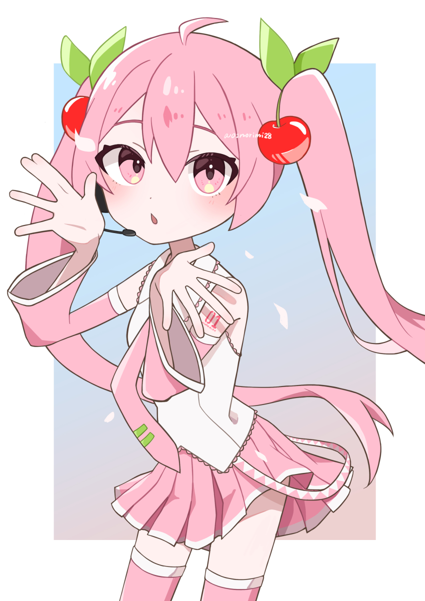 1girl absurdres cherry cherry_hair_ornament detached_sleeves food food-themed_hair_ornament fruit hair_ornament hands_up hatsune_miku headset highres long_hair looking_at_viewer miniskirt necktie norimi_(01norimi28) pink_eyes pink_hair pink_necktie pink_skirt pleated_skirt sakura_miku shirt skirt sleeveless sleeveless_shirt solo thighhighs twintails very_long_hair vocaloid zettai_ryouiki