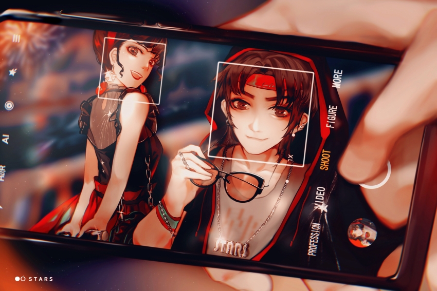 1boy 1girl absurdres bare_shoulders black-framed_eyewear black_jacket black_shirt bloody_handprints blunt_bangs blurry blurry_background brown_eyes brown_hair camera_phone chain chain_necklace character_request chinese_commentary closed_mouth collarbone commentary_request depth_of_field diamond_earrings ear_piercing earrings eyelashes fingernails fireworks frilled_shirt frills gleam grey_shirt hairband handprint happy headband highres holding holding_removed_eyewear hood hood_up hooded_jacket hoop_earrings jacket jewelry lips looking_at_viewer looking_back mismatched_earrings necklace night nikki_(series) open_mouth orange-tinted_eyewear outdoors piercing qixi_festival red_hairband selfie shining_nikki shirt short_hair sleeveless sleeveless_shirt smile sphere_earrings standing stars_zhangzhang sunglasses teeth thick_eyebrows tinted_eyewear unworn_eyewear updo upper_teeth_only viewfinder wristband