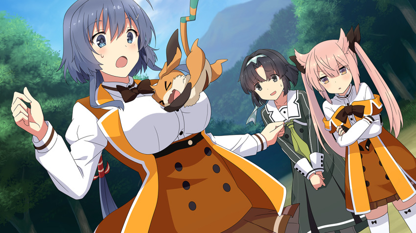 3girls black_bow black_bowtie black_gloves black_hair blue_eyes blue_hair bow bowtie breasts brown_skirt collarbone creature crossed_arms day dress dutch_angle fingerless_gloves forest game_cg gloves green_dress green_neckerchief grey_eyes hair_ears heijou_institute_school_uniform jacket large_breasts long_hair long_sleeves looking_at_another mashiko_kaoru mole mole_under_eye multiple_girls musumi_kiyoka nature neckerchief nene_(toji_no_miko) non-web_source open_mouth orange_jacket osafune_girls_academy_school_uniform outdoors parted_bangs parted_lips pink_hair pleated_skirt purple_eyes sailor_collar school_uniform setouchi_chie short_hair sidelocks skirt sleeve_cuffs solo_focus standing sweat thighhighs toji_no_miko toji_no_miko:_kizamishi_issen_no_tomoshibi tree v-shaped_eyebrows white_sailor_collar white_thighhighs winter_uniform