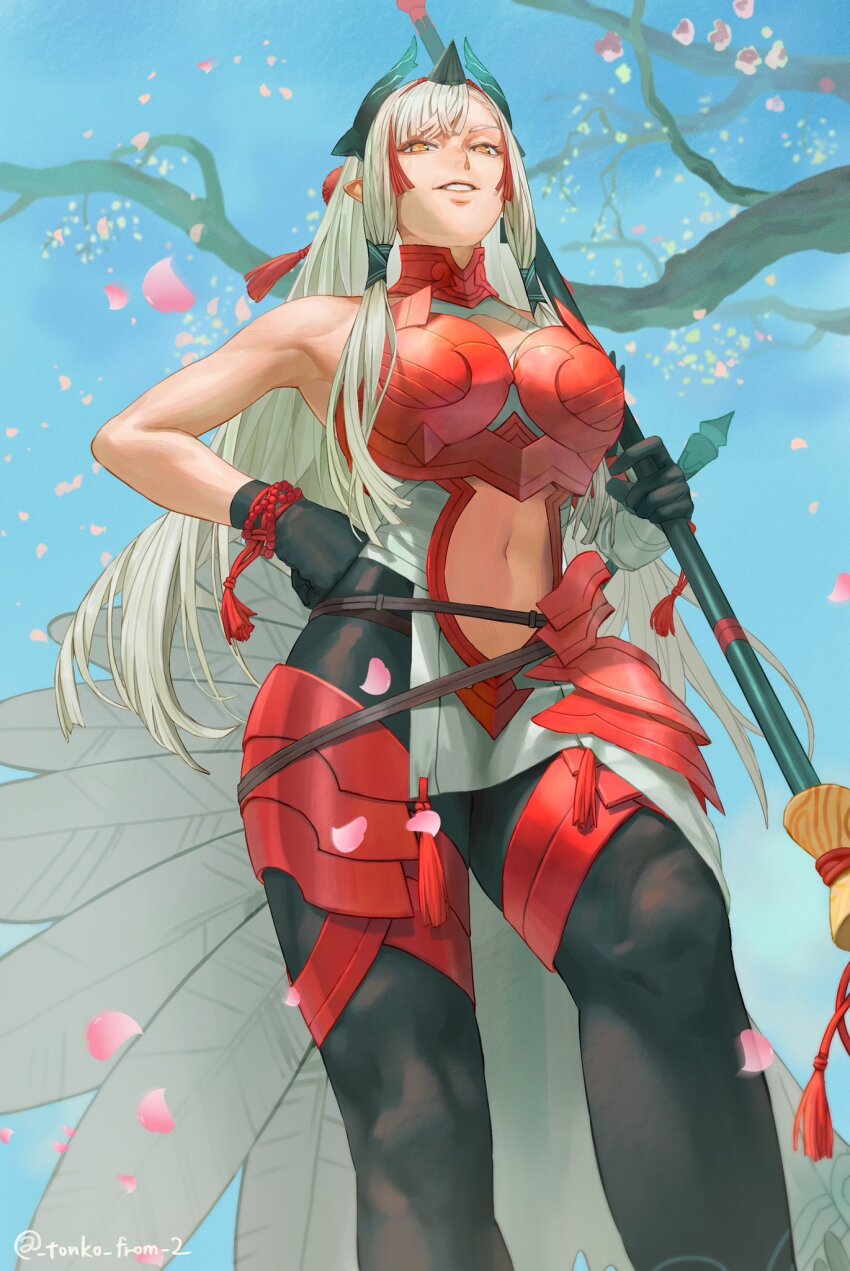 1girl armor armored_dress bare_shoulders black_gloves breasts clothing_cutout dress fate/grand_order fate_(series) feathers from_below gloves hands_on_own_hips highres kiichi_hogen_(fate) large_breasts long_hair looking_at_viewer navel navel_cutout orange_eyes pointy_ears red_armor sidelocks smile solo tassel tonko_from very_long_hair white_hair
