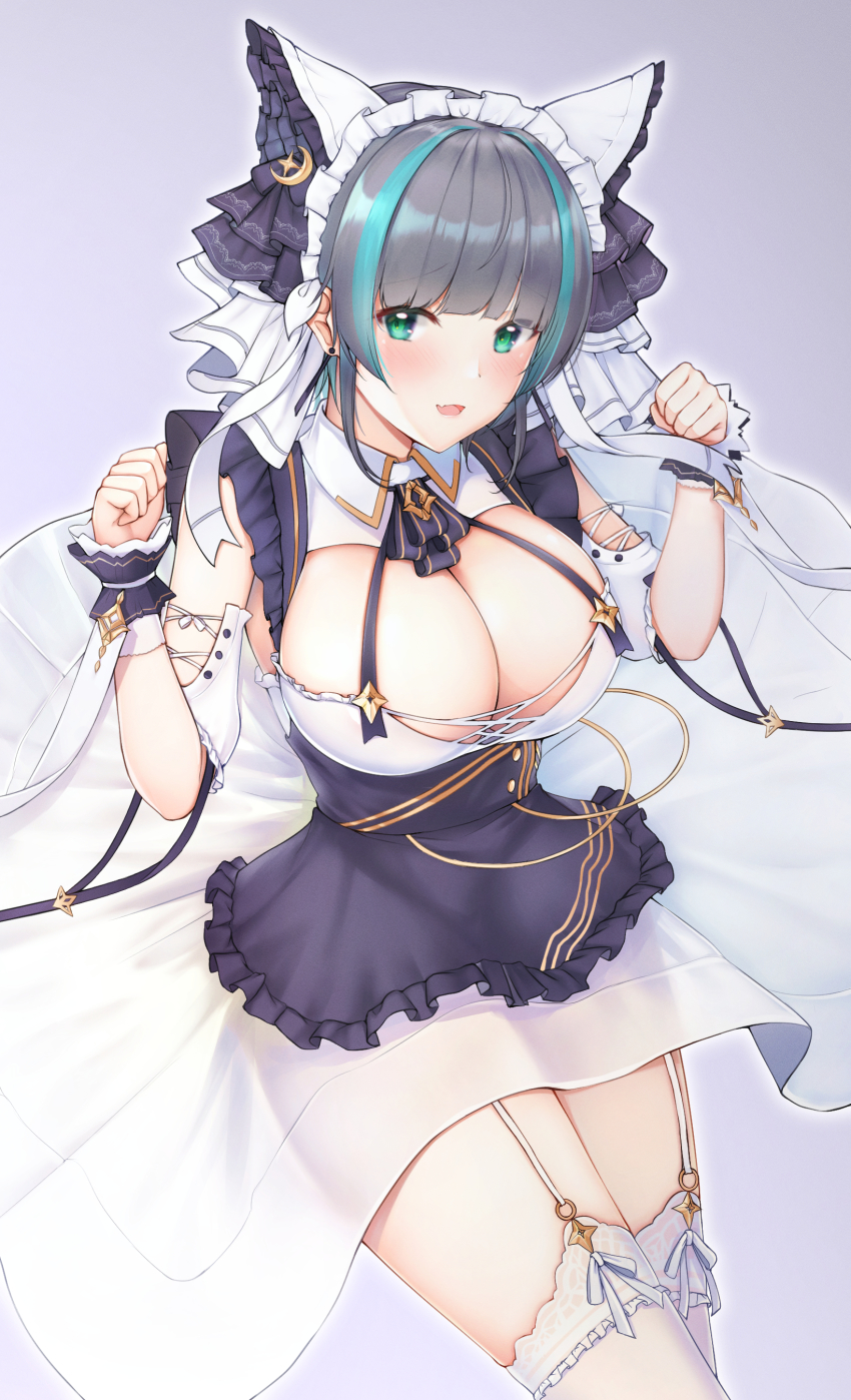 1girl absurdres animal_ears azur_lane benedia black_dress black_hair breasts cat_ears cheshire_(azur_lane) cleavage commentary_request cowboy_shot detached_sleeves dress fake_animal_ears fang frilled_dress frills garter_straps gradient_background green_eyes hands_up headdress highres large_breasts looking_at_viewer multicolored_hair open_mouth paw_pose short_hair smile solo streaked_hair thighhighs white_thighhighs wing_collar zettai_ryouiki