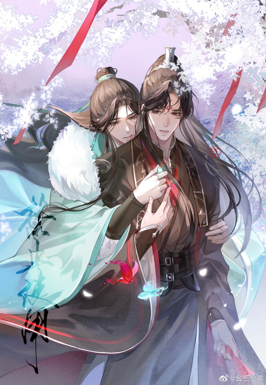 2boys absurdres black_hanfu black_sash brown_eyes bug butterfly chinese_clothes chinese_commentary closed_mouth cowboy_shot facial_mark forehead_mark fur-trimmed_robe fur_trim green_hanfu green_ribbon hair_bun hair_ribbon hand_on_another&#039;s_arm hanfu high_ponytail highres holding holding_paper holding_pendant insect jade_pendant jewelry long_hair long_sidelocks long_sleeves looking_at_another luo_binghe male_focus multiple_boys paper parted_lips pendant ponytail red_eyes renzha_fanpai_zijiu_xitong ribbon robe sash shen_qingqiu sidelocks tree wide_sleeves xiao_guan_(headdress) yao_san_ge_ling zhijupao zuiyin