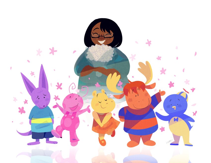 3boys 3girls absurdres ant_girl austin_(backyardigans) black_hair blue_skin colored_skin commentary dark-skinned_female dark_skin english_commentary glasses grin highres janice_burgess kangaroo_boy moose_boy multiple_boys multiple_girls orange_skin pablo_(backyardigans) penguin_boy pink_skin purple_skin real_life revauri smile tasha_(backyardigans) the_backyardigans tyrone_(backyardigans) uniqua_(backyardigans) yellow_skin