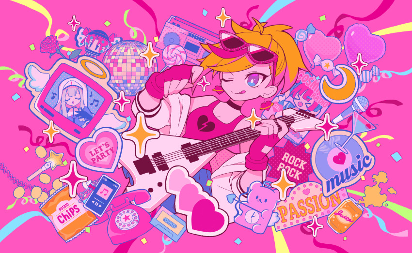 &gt;_&lt; ;q absurdres angel_wings antique_phone arrow_(projectile) bag_of_chips balloon bare_shoulders beamed_eighth_notes bear black_gloves blonde_hair blue_skirt boombox bow_(weapon) broken_heart_print candy cassette_tape character_request cherry chips_(food) closed_eyes cocktail_glass commentary_request confetti crescent crt cup disco_ball drink drinking_glass earrings eighth_note english_text eyelashes eyewear_on_head fingerless_gloves flower food fruit gloves grey_hair halo happy_(happi_illust) heart heart_balloon heart_earrings highres holding holding_instrument instrument jacket jewelry lollipop long_hair microphone multicolored_hair muse_dash musical_note off_shoulder one_eye_closed open_clothes open_jacket open_mouth phone pink-framed_eyewear pink_background pink_gloves pink_hair pink_tank_top pink_theme ponytail potato_chips record rose rotary_phone short_hair sixteenth_note skirt smile solo_focus sparkle star_(symbol) streaked_hair streamers sunglasses tank_top tongue tongue_out traditional_halo weapon white_jacket wings wrapped_candy