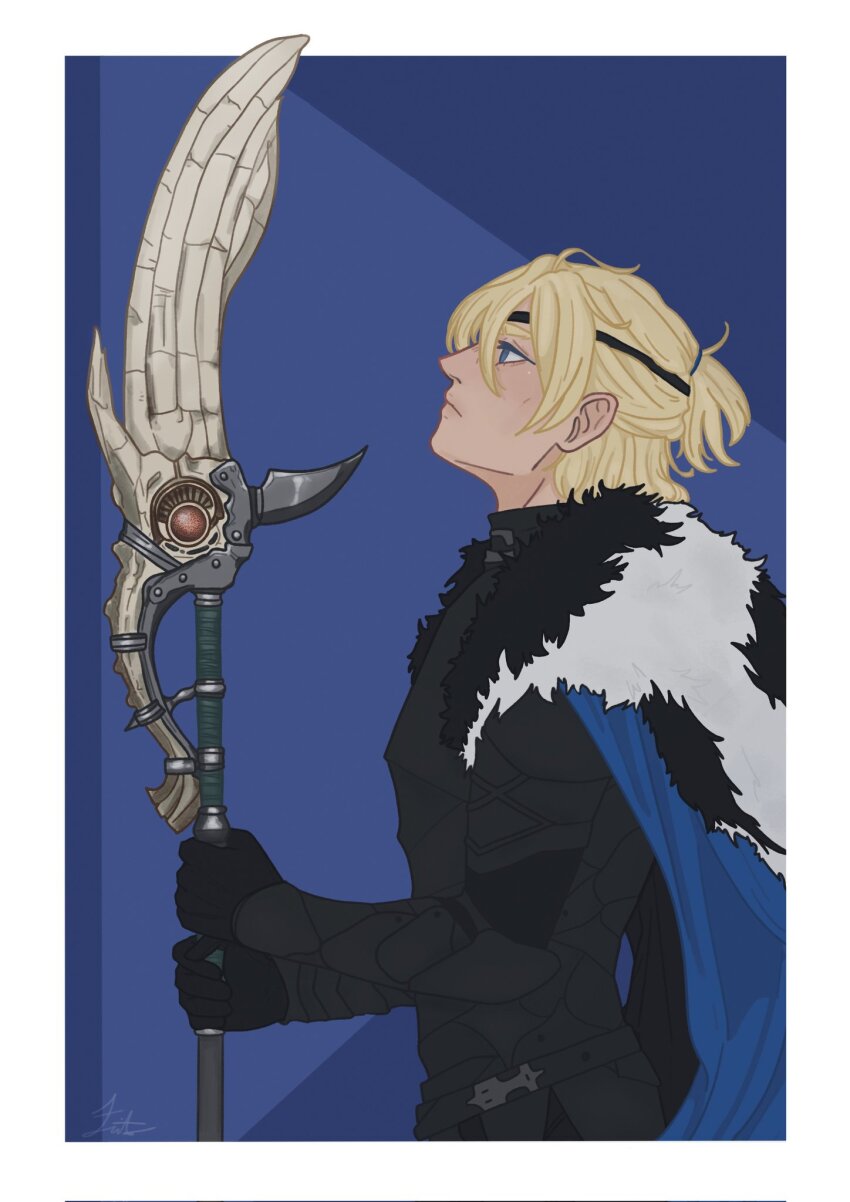 1boy areadbhar_(fire_emblem) armor black_armor black_fur black_gloves blonde_hair blue_cape blue_eyes border breastplate cape closed_mouth cropped_legs dimitri_alexandre_blaiddyd dimitri_alexandre_blaiddyd_(timeskip) eyepatch faulds fire_emblem fire_emblem:_three_houses from_side frown fxyrinart gloves head_back highres holding holding_polearm holding_weapon male_focus nintendo polearm ponytail profile short_ponytail solo weapon white_border white_fur