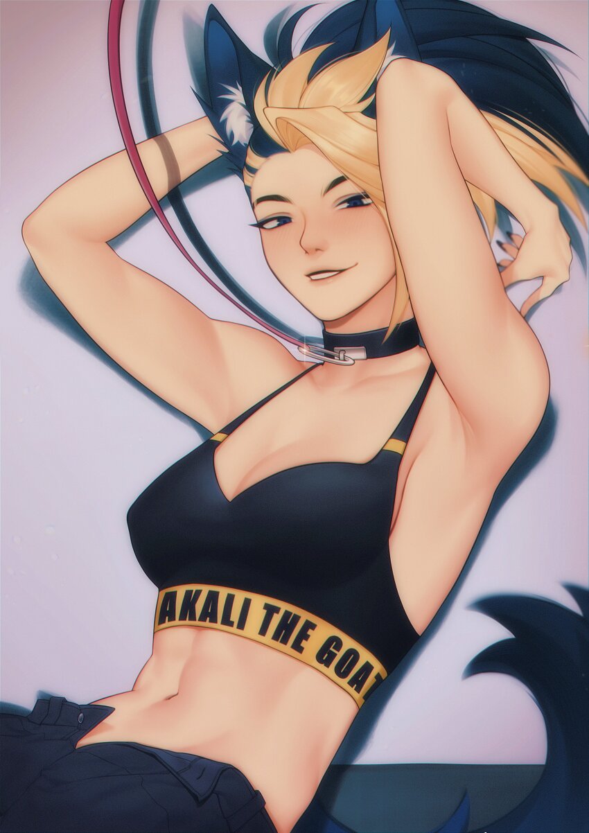 1girl absurdres akali animal_ears arms_up black_choker black_eyes black_hair black_sports_bra blonde_hair breasts cat_ears choker cleavage clothes_writing collarbone goku_inu_go_kuken highres k/da_(league_of_legends) k/da_akali k/da_all_out_akali league_of_legends looking_at_viewer multicolored_hair open_fly parted_lips small_breasts solo sports_bra the_baddest_akali two-tone_hair