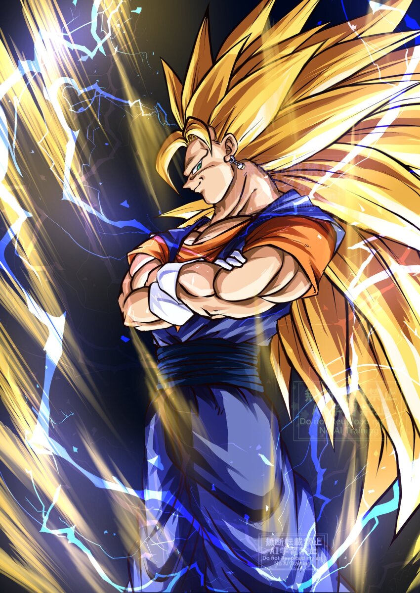 1boy aura black_background blonde_hair blue_pants blue_sash blue_shirt cowboy_shot crossed_arms dougi dragon_ball dragonball_z electricity gloves highres kanaetecho long_hair looking_at_viewer male_focus muscular muscular_male orange_shirt pants profile sash shirt simple_background smile solo spiked_hair super_saiyan super_saiyan_3 vegetto white_gloves