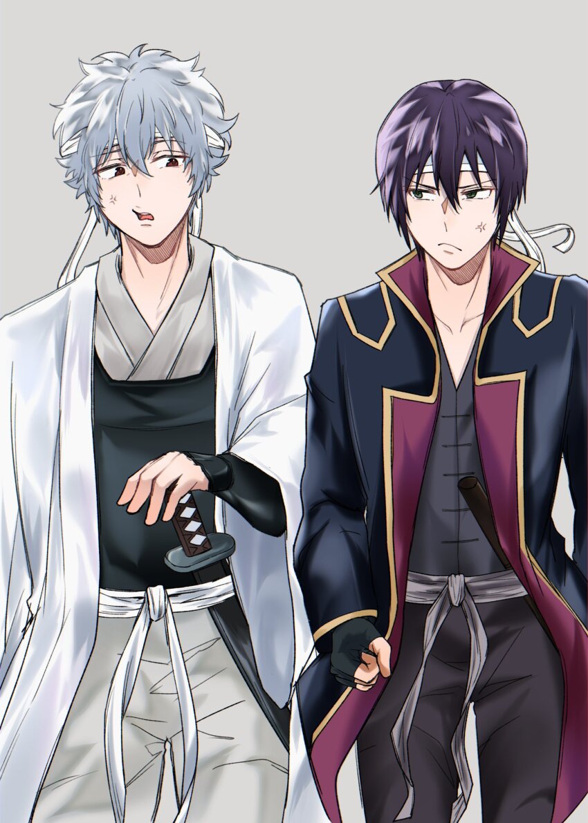 2boys aged_down black_coat black_gloves black_pants coat commentary commentary_request fingerless_gloves gintama gloves green_eyes grey_hair grey_kimono grey_pants haori headband highres japanese_clothes katana kimono long_coat looking_at_viewer male_focus multiple_boys official_alternate_costume pants purple_hair red_eyes sakata_gintoki sayu_0_gn sheath sheathed sword takasugi_shinsuke weapon white_haori white_headband