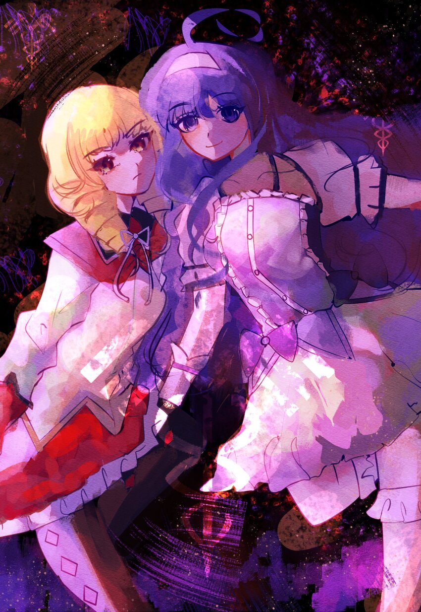 2girls absurdres adapted_costume ahoge akemi_homura akemi_homura_(cosplay) akemi_homura_(magical_girl) argyle_clothes argyle_legwear black_pantyhose blonde_hair blue_eyes blue_hair blush bubble_skirt cosplay deadpan dress drill_hair er1kawagner erika_wagner hairband highres huge_ahoge kaname_madoka kaname_madoka_(cosplay) kaname_madoka_(magical_girl) long_hair looking_at_viewer magical_girl mahou_shoujo_madoka_magica mahou_shoujo_madoka_magica_(anime) multiple_girls orie_ballardiae_harada pantyhose red_eyes ribbon short_hair skirt smile twin_drills under_night_in-birth white_hairband