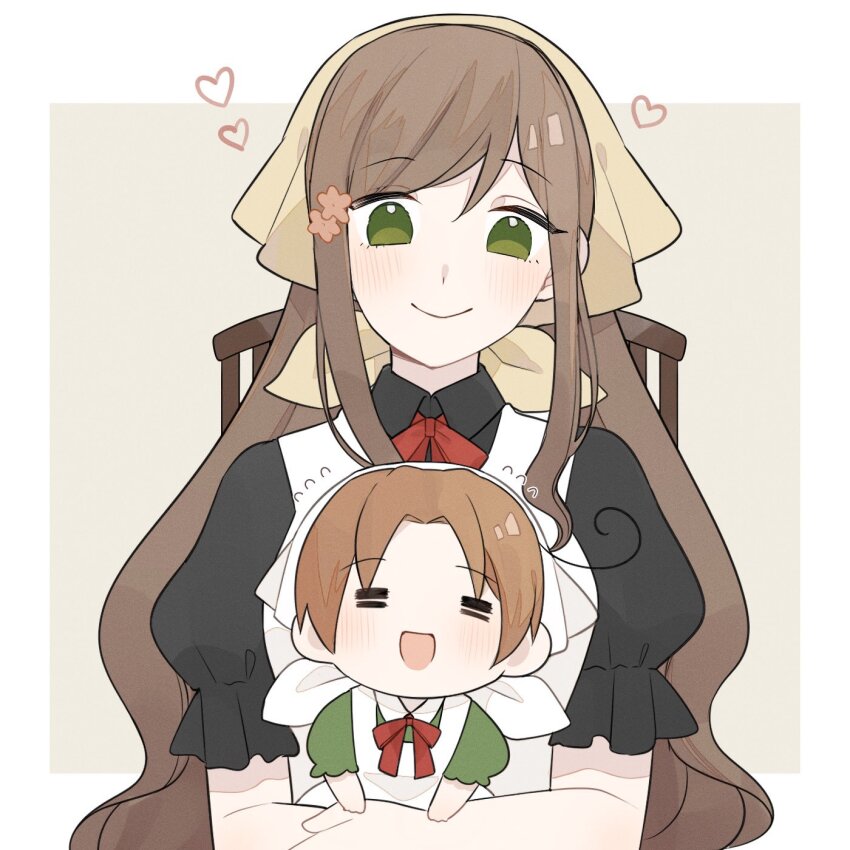 1boy 1girl ahoge apron axis_powers_hetalia black_dress blush border bow bowtie brown_hair chair chibitalia_(hetalia) child closed_eyes closed_mouth collared_dress commentary dress flower flying_sweatdrops green_dress green_eyes grey_background hair_between_eyes hair_flower hair_ornament headscarf heart highres hug hungary_(hetalia) long_hair looking_at_another northern_italy_(hetalia) on_chair open_mouth outside_border pink_flower puffy_short_sleeves puffy_sleeves red_bow red_bowtie short_hair short_sleeves sidelocks simple_background sitting smile symbol-only_commentary to_min_xxx wavy_hair white_apron white_border white_headscarf yellow_headscarf