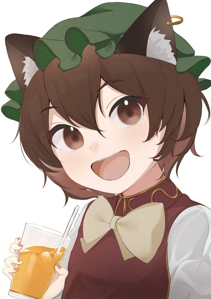 1girl :d absurdres animal_ear_fluff animal_ears bow bowtie brown_hair cat_ears chen cup drink drinking_straw earrings green_hat happy hat highres holding holding_cup jewelry juice mob_cap mug nail_polish open_mouth palulap red_nails smile solo touhou upper_body