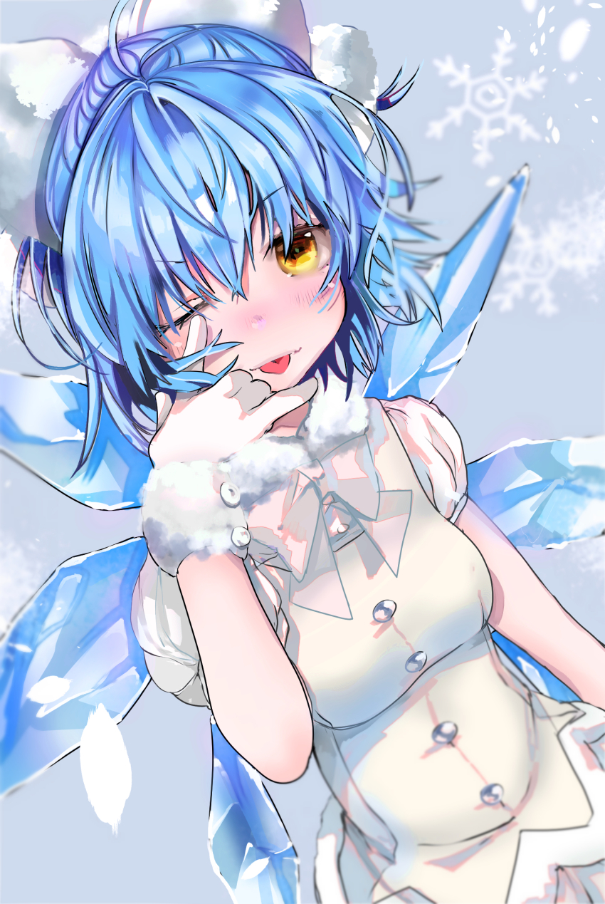 1girl ;p ahoge alternate_costume alternate_eye_color bad_id bad_pixiv_id beige_bow beige_dress beige_neckwear blue_hair blurry blush bow bowtie breasts cirno depth_of_field dutch_angle fur_trim gloves grey_background hair_between_eyes hair_bow hand_on_own_face highres ice ice_wings looking_at_viewer medium_breasts niku_(hamuchang) nose_blush one_eye_closed puffy_short_sleeves puffy_sleeves short_hair short_sleeves simple_background snowflakes snowing solo standing tongue tongue_out touhou upper_body white_bow white_gloves wings yellow_eyes