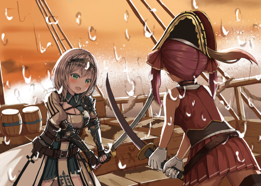 absurdres barrel duel from_behind green_eyes hat highres holding hololive houshou_marine knight medium_hair natsuki_(digretking) pirate_hat pirate_ship red_hair red_shirt red_skirt shirogane_noel shirogane_noel_(1st_costume) shirt silver_hair skirt sleeveless sword tagme two-handed virtual_youtuber weapon