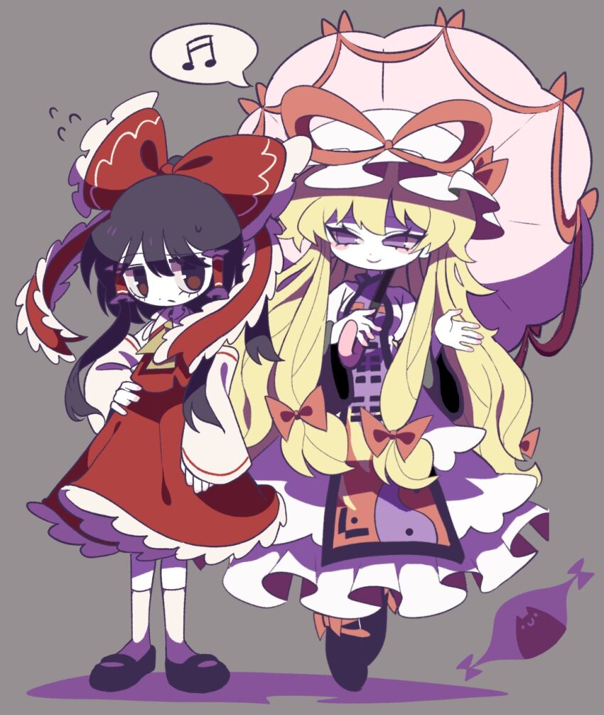 2girls ascot bare_shoulders black_footwear blonde_hair bow brown_eyes brown_hair cat detached_sleeves dmebgsa3 dress frilled_bow frills gap_(touhou) hair_bow hair_ribbon hair_tubes hakurei_reimu hat hat_ribbon highres holding holding_umbrella mob_cap multiple_girls musical_note parasol pink_umbrella purple_eyes purple_tabard red_bow red_shirt red_skirt ribbon shirt skirt skirt_set socks tabard touhou trigram umbrella white_dress white_hat white_socks yakumo_yukari yellow_ascot