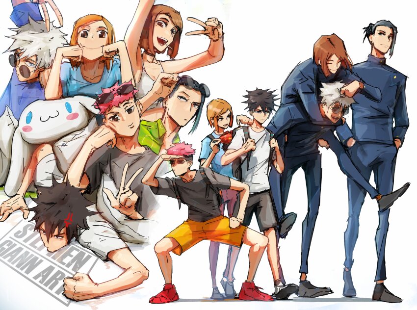 2girls 4boys absurdres aged_down anger_vein backpack bag black_hair black_shorts brown_hair carrying commentary eyewear_on_head full_body fushiguro_megumi getou_suguru gojou_satoru green_shirt hair_bun hat highres ieiri_shoko itadori_yuuji jujutsu_kaisen jujutsu_tech_uniform kugisaki_nobara multiple_boys multiple_girls multiple_views piggyback pink_hair round_eyewear shirt shorts simple_background single_sidelock smile stephengiannart swept_bangs undercut v watermark white_background white_hat white_shirt yellow_shorts