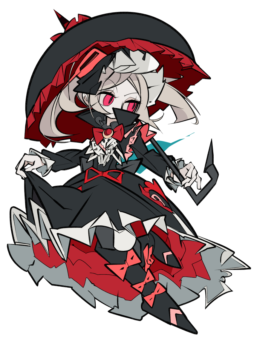 1girl absurdres alternate_costume bloody_marie_(skullgirls) bonnet boots bow clothes_grab cxdotchison dress_grab frilled_sleeves frills full_body grey_hair hair_ornament high_collar highres looking_to_the_side red_eyes skull_hair_ornament skullgirls solo twintails umbrella white_background