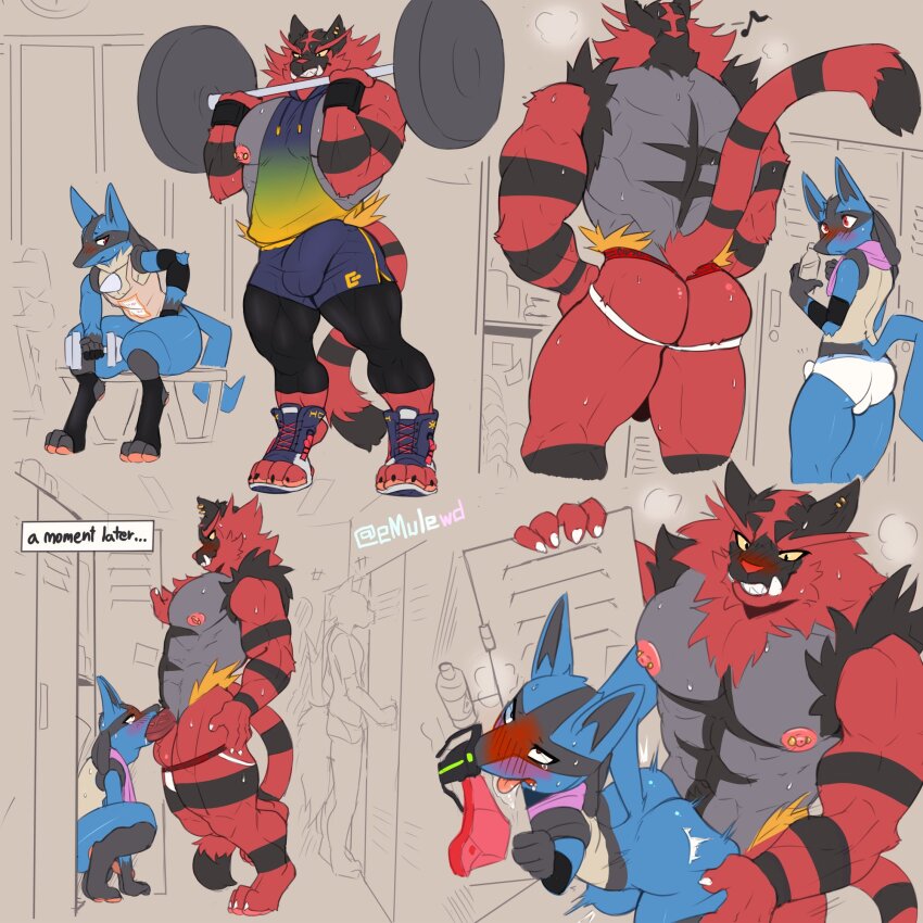 2boys artist_name blush bulge cat cat_boy emule exercising fangs fellatio furry furry_with_furry gen_4_pokemon gen_7_pokemon gym highres incineroar jockstrap locker locker_room looking_at_another lucario male_underwear multiple_boys muscular muscular_male musk nintendo nipple_piercing nipples oral penis piercing pokemon public_indecency sex sharp_teeth shorts size_difference standing standing_sex sweat teeth testicles underwear weightlifting yaoi