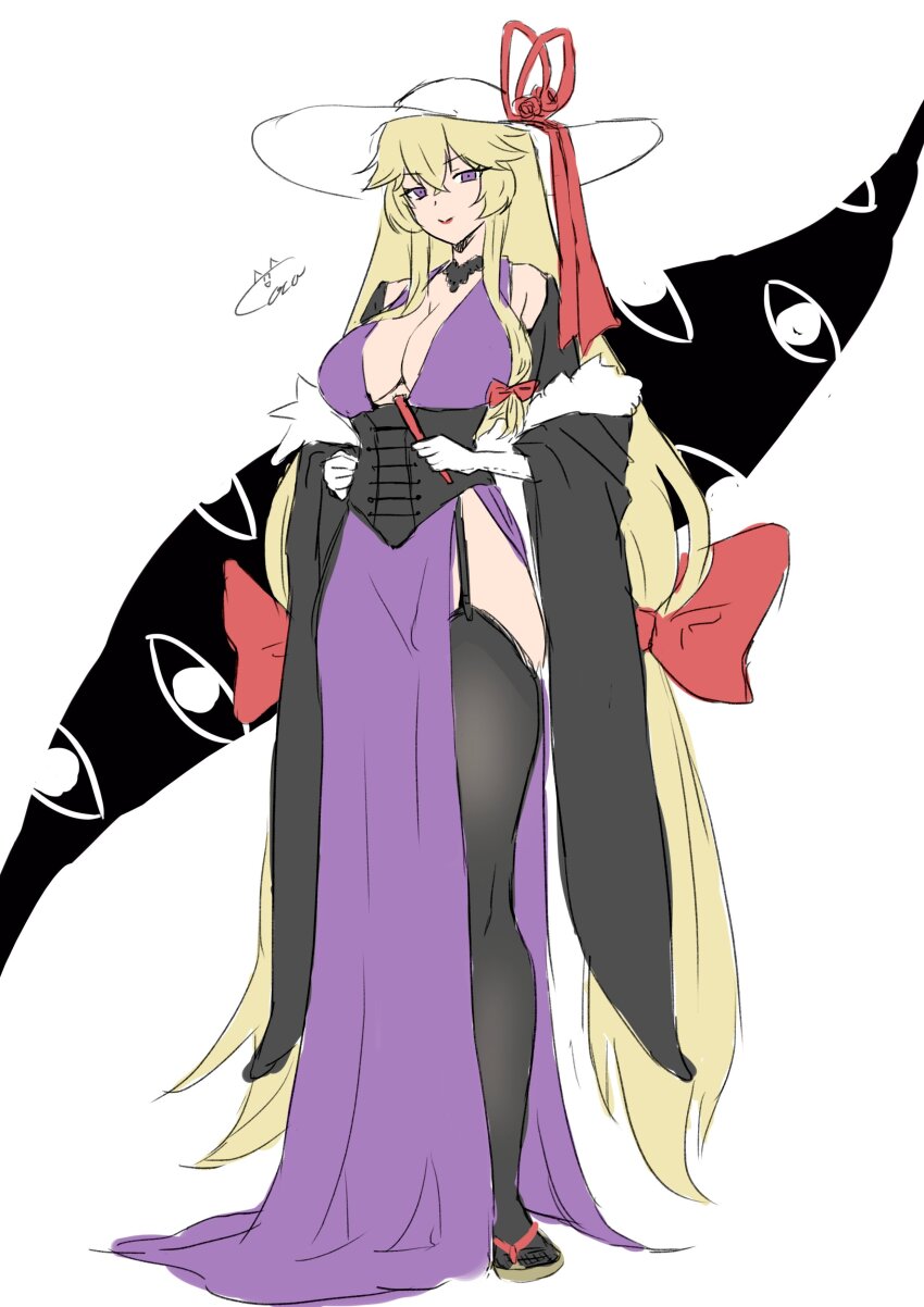 0002koko 1girl absurdly_long_hair absurdres alternate_costume bare_shoulders black_choker black_thighhighs blonde_hair breasts center_opening choker commentary_request corset detached_sleeves dress folded_fan folding_fan full_body gap_(touhou) garter_straps gloves hair_between_eyes hair_ribbon hand_fan hat highres holding holding_fan large_breasts large_ribbon long_hair looking_at_viewer purple_dress purple_eyes ribbon sketch smile solo thighhighs touhou very_long_hair white_background white_gloves yakumo_yukari