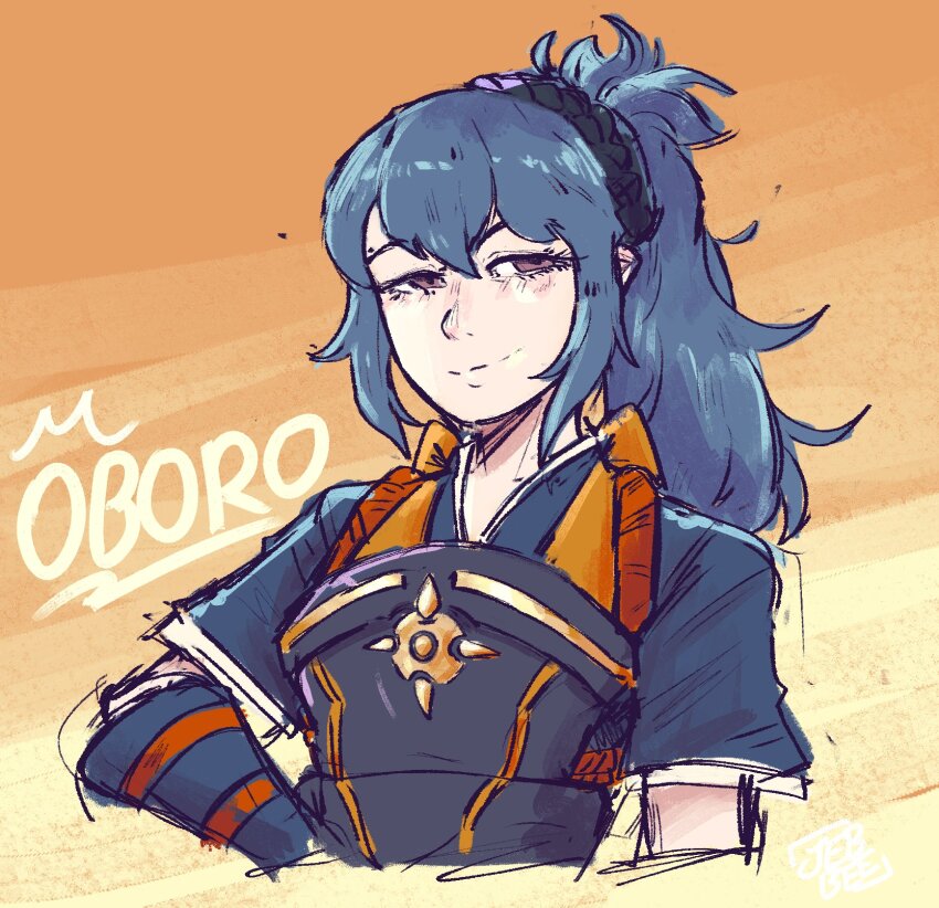 1girl armor blue_hair braid brown_eyes character_name crown_braid fire_emblem fire_emblem_fates gradient_background hair_between_eyes half-closed_eyes high_ponytail highres japanese_armor japanese_clothes jebbeesketches nintendo oboro_(fire_emblem) orange_background ponytail smile solo upper_body