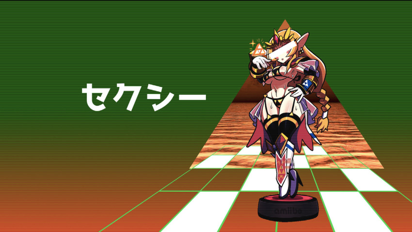 1girl alternate_costume amiibo artist_request bar_censor bikini blonde_hair boots bracelet braid breasts censored figure full_body gradient_background hand_on_own_hip high_heels highres jewelry large_breasts navel nintendo panties princess_zelda sweat swimsuit the_legend_of_zelda translation_request triangle underwear