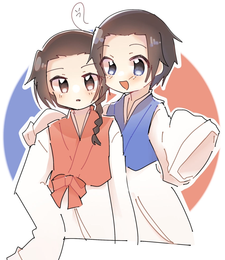 1boy 1girl axis_powers_hetalia braid brown_hair hanbok highres korea_(hetalia) korean_clothes maro_(hpms7727) north_korea north_korea_(hetalia) siblings south_korea twins