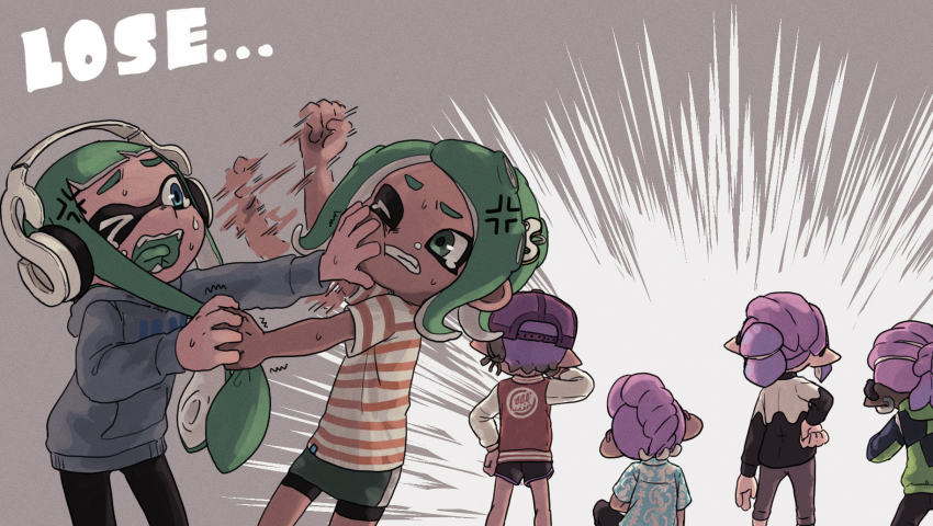 &gt;_o 2girls 4others afterimage anger_vein bike_shorts black_pants black_shorts clenched_hand colored_tongue commentary_request crying crying_with_eyes_open dark-skinned_female dark_skin fangs fighting fist_shaking furrowed_brow grabbing_another&#039;s_hair green_hair green_skirt green_tongue grey_hoodie hair_ornament hairclip headphones highres hood hood_down hoodie inkling inkling_girl inkling_player_character kotarou_(kotakota_ee) long_hair medium_hair miniskirt motion_lines multiple_girls multiple_others nintendo octoling octoling_girl octoling_player_character one_eye_closed open_mouth pants parted_bangs pencil_skirt red_shirt shirt shorts shorts_under_skirt skirt splatoon_(series) splatoon_3 striped_clothes striped_shirt sweat t-shirt tears tentacle_hair twintails two-tone_shirt white_shirt