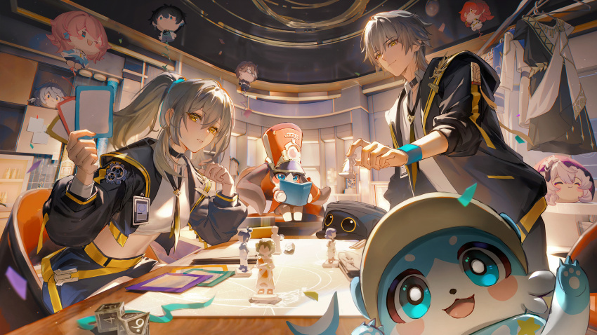 1boy 1girl 1other absurdres alternate_costume alternate_hairstyle animal animal_ears animal_hands animal_nose anniversary astral_express_(honkai:_star_rail) balloon belt black_cat black_choker black_jacket black_necktie black_pants black_swan_(honkai:_star_rail) blue_eyes blue_fur book breasts brown_hat caelus_(honkai:_star_rail) cat cat_tail character_balloon chest_of_drawers chimera_(honkai:_star_rail) choker closed_mouth clothes_hanger coat collared_shirt confetti critter_pick_(honkai:_star_rail) dan_heng_(honkai:_star_rail) dan_heng_(hunt)_(honkai:_star_rail) dual_persona fur-trimmed_coat fur_trim grey_hair hair_between_eyes hand_up hands_up hat high_ponytail highres himeko_(honkai:_star_rail) holding holding_book honkai:_star_rail honkai_(series) hood hooded_jacket id_card indoors jacket long_hair long_sleeves looking_at_object looking_at_viewer march_7th_(honkai:_star_rail) march_7th_(preservation)_(honkai:_star_rail) medium_breasts midriff mooncake necktie on_chair open_book open_clothes open_jacket otter_ears pants pom-pom_(honkai:_star_rail) ponytail puffy_long_sleeves puffy_sleeves rabbit_ears reading red_coat red_hat shirt short_hair sidelocks sitting smile standing stelle_(honkai:_star_rail) sunday_(honkai:_star_rail) table tail tank_top teeth trailblazer_(honkai:_star_rail) trailblazer_(trash_cake)_(honkai:_star_rail) welt_yang white_shirt white_tank_top wristband yellow_belt yellow_eyes yunmaojan