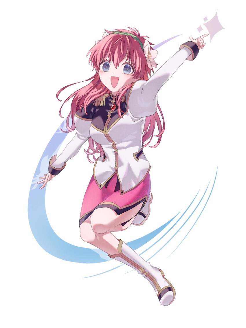 1girl :d absurdres blue_eyes boots flower full_body galaxy_angel green_hairband hair_flower hair_ornament hairband happy highres long_hair long_sleeves milfeulle_sakuraba military_uniform open_mouth pencil_skirt pink_hair pointing pointing_up ritsu_(r_litsuca) skirt smile solo thigh_boots white_background