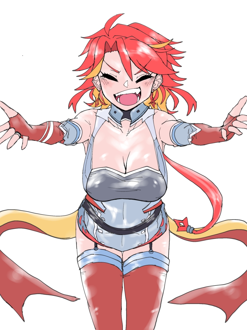 36rt absurdres ass azur_lane breasts cleavage elbow_gloves fingerless_gloves garter_straps gloves gluteal_fold hair_between_eyes hair_ornament highres hug leaning_forward orange_eyes outstretched_arms phoenix_(azur_lane) red_hair smile thick_thighs thighhighs thighs
