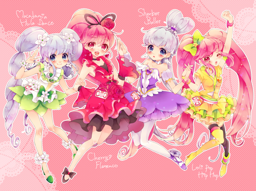 10s 4girls :d aino_megumi alternate_form arm_grab arm_up asymmetrical_footwear ballerina blue_eyes blue_hair blue_skirt blush bow brooch choker cure_lovely cure_lovely_(cherry_flamenco) cure_lovely_(lollipop_hip_hop) cure_princess cure_princess_(macadamia_hula_dance) cure_princess_(sherbet_ballet) dress dual_persona earrings flower flower_earrings frills full_body green_skirt hair_bow hair_bun hair_flower hair_ornament half_updo happinesscharge_precure! heart heart_brooch heart_earrings heart_hair_bun high_ponytail highres holding_hands jewelry lipstick long_hair magical_girl makeup mismatched_footwear multiple_girls one_eye_closed open_mouth pantyhose pink_background pink_eyes pink_hair polka_dot polka_dot_background ponytail precure red_dress red_flower red_rose rose shirayuki_hime shoes single_hair_bun skirt smile star_(symbol) star_earrings strapless strapless_dress thighhighs tiara twintails uzuki_aki white_legwear wide_ponytail wing_brooch wing_earrings wink wrist_cuffs yellow_skirt