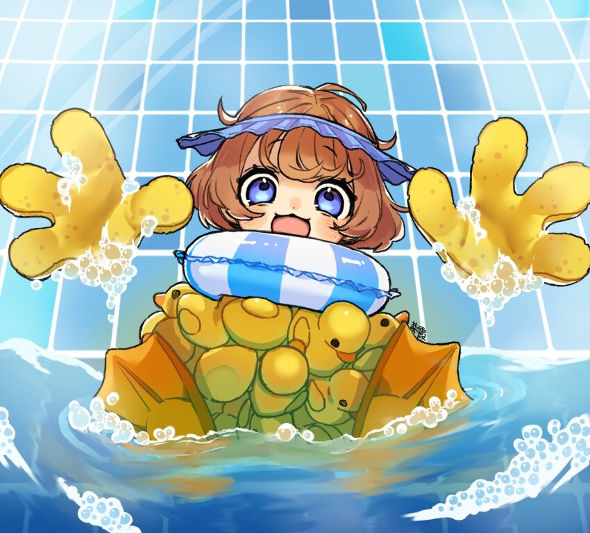 1girl akubimtcat bathtub blue_eyes brown_hair bubble commentary_request highres human_head indoors looking_at_viewer monster_girl open_mouth original rayman_limbs rubber_duck short_hair smile soap_bubbles solo water