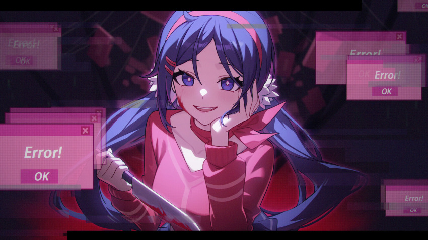 1girl blue_eyes blue_hair cheek_rest choker error_message hair_ornament hairband hairclip highres holding holding_knife knife long_hair long_sleeves looking_at_viewer miside mita_(miside) open_mouth red_choker red_hairband red_shirt shali shirt solo teeth twintails upper_body upper_teeth_only