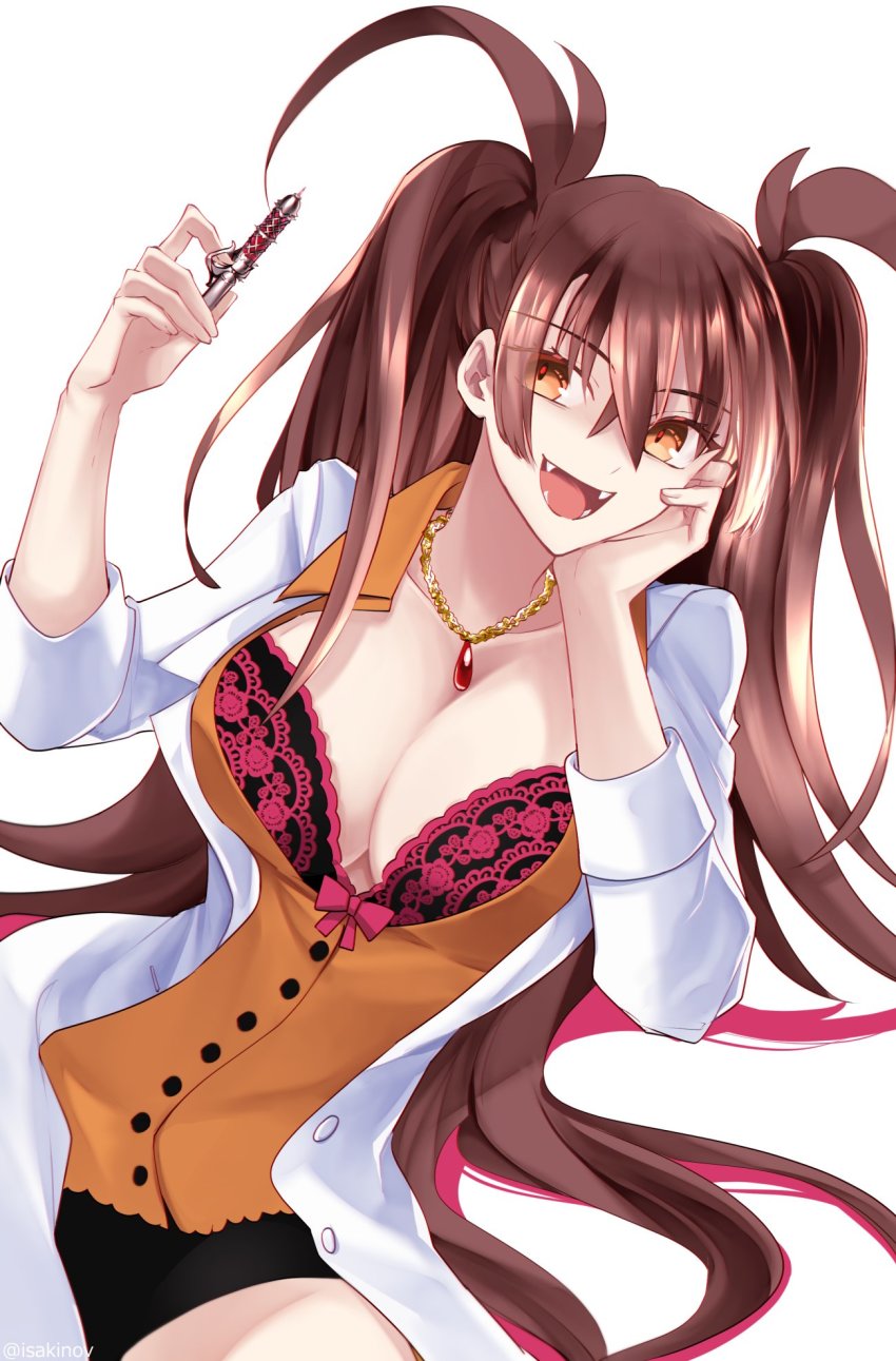 1girl black_skirt bow bra breasts brown_hair cleavage dr._arach highres jewelry lab_coat large_breasts long_hair necklace needle open_mouth orange_bow orange_eyes orange_shirt sharp_teeth shirt skirt solo sukiniyaru teeth tsukihime tsukihime_(remake) twintails twitter_username underwear white_background