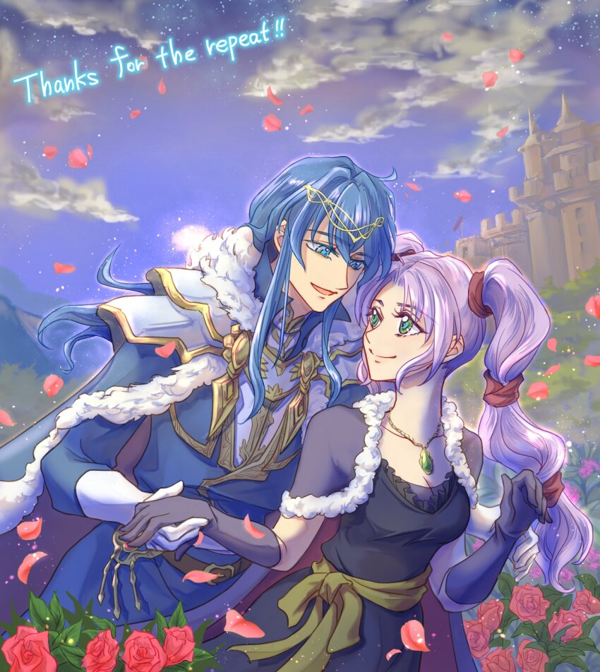 1boy 1girl armor black_dress blue_cape blue_eyes blue_hair blue_sky breasts cape cleavage closed_mouth cloud commentary_request commission couple dress english_text eye_contact fire_emblem fire_emblem:_genealogy_of_the_holy_war flower fur-trimmed_cape fur_trim gloves green_eyes height_difference highres holding_hands looking_at_another medium_breasts nintendo open_mouth pauldrons petals ponytail purple_cape purple_gloves purple_hair red_flower red_rose rose seliph_(fire_emblem) shoulder_armor sidelocks skeb_commission sky smile tine_(fire_emblem) twintails ursla99 white_gloves