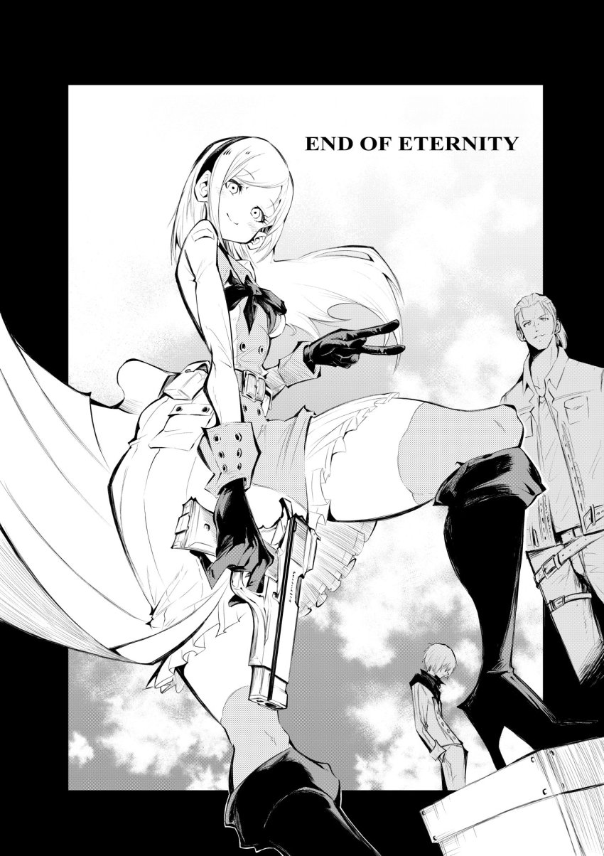 1girl 2boys blush boots breasts character_request copyright_name dress end_of_eternity greyscale gun hairband hand_in_pocket handgun high_heel_boots high_heels highres holding holding_gun holding_weapon jacket knee_boots long_hair looking_at_viewer monochrome multiple_boys nomomono_eraser open_clothes open_jacket pouch shirt small_breasts smile thick_thighs thighhighs thighs v weapon zephyr_(end_of_eternity)