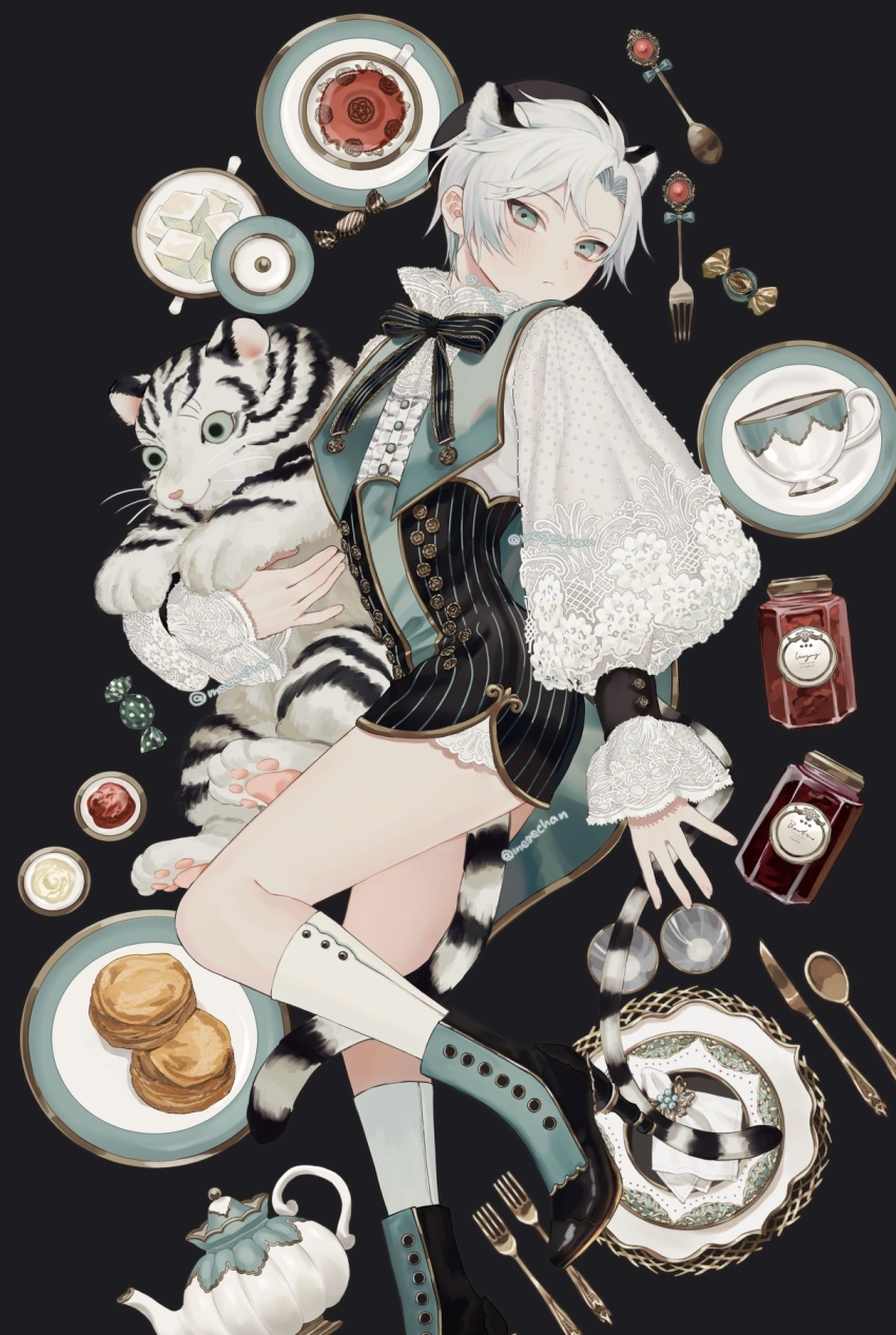 1boy :&lt; animal_ears animal_print aqua_eyes aqua_hair beret bow cup food fork frills hat high_heels highres knife looking_at_viewer mege_(megechan) original pancake plate side_slit solo spoon standing standing_on_one_leg tail tiger tiger_ears tiger_print tiger_tail white_hair