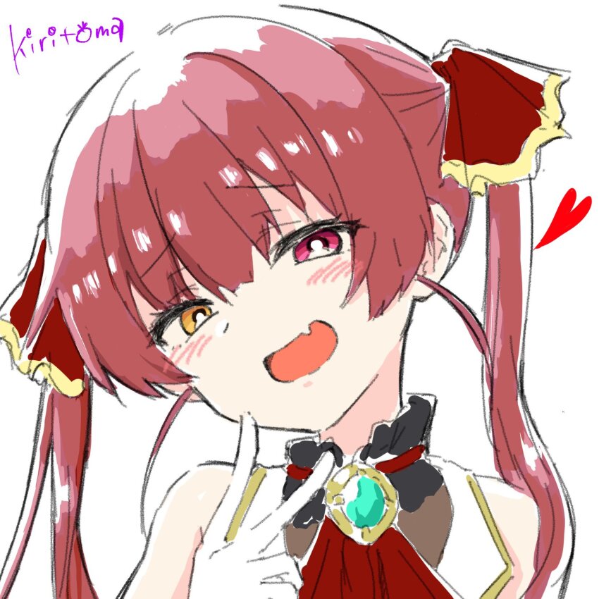 1girl :d bare_shoulders blush commentary_request fang gloves hair_between_eyes hair_ribbon hand_up head_tilt heart heterochromia highres hololive houshou_marine houshou_marine_(1st_costume) kiritoma long_hair looking_at_viewer open_mouth orange_eyes purple_eyes red_hair red_ribbon ribbon signature simple_background sleeveless sleeveless_jacket smile solo twintails upper_body v virtual_youtuber white_background white_gloves