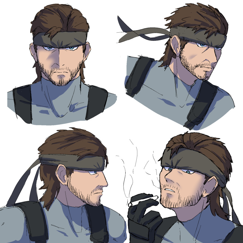 1boy brown_hair cigarette facial_hair headband highres holding holding_cigarette male_focus metal_gear_(series) metal_gear_solid multiple_views smoking sneaking_suit solid_snake uni_purin_uni