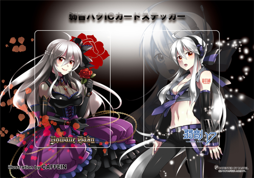 1girl ahoge arms_at_sides bare_shoulders belt braid breasts brooch caffein cleavage detached_sleeves dress elbow_gloves flower gloves gothic_lolita headset jewelry large_breasts lolita_fashion long_hair looking_at_viewer low_ponytail nail_polish navel necktie open_mouth orange_eyes ponytail project_diva project_diva_(series) project_diva_extend raised_eyebrows red_eyes rose sidelocks silver_hair smile translation_request very_long_hair vocaloid yowane_haku yowane_haku_(gothic_purple) zoom_layer