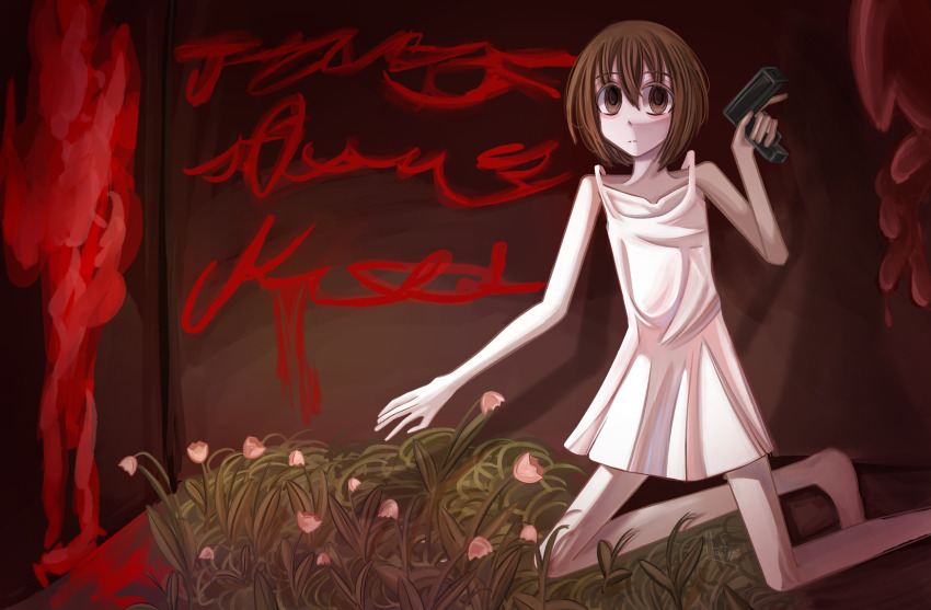 bad_tag blood flower gun guro highres kare loli non-web_source red_color short_hair trippy weapon