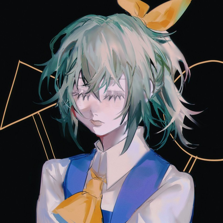 1girl ascot black_background bow closed_eyes closed_mouth collared_shirt commentary cookie_(touhou) daiyousei diyusi_(cookie) expressionless eyelashes green_hair hair_between_eyes hair_bow heinrich_(fernanderuddle) highres medium_hair ponytail shirt solo touhou upper_body white_shirt yellow_ascot yellow_bow