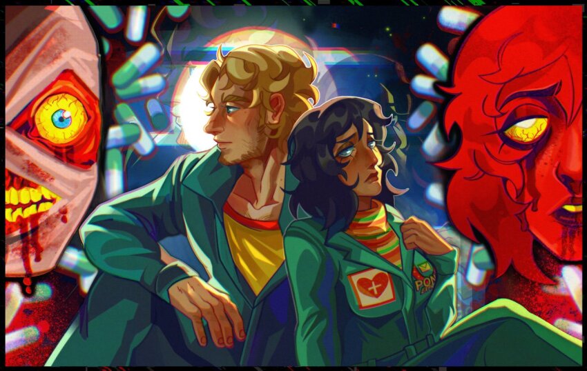 1boy 1girl anya_(mouthwashing) arizuume bandages beard black_hair blonde_hair blood blood_from_mouth bloody_bandages bloody_tears blue_eyes colored_sclera curly_(mouthwashing) curly_(post-crash)_(mouthwashing) curly_(pre-crash)_(mouthwashing) facial_hair green_jacket green_pants hand_on_own_knee heart_ornament jacket looking_at_viewer medium_hair mouthwashing nosebleed pants pill rainbow_shirt red_theme shirt teeth yellow_sclera yellow_shirt yellow_teeth